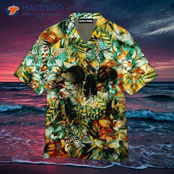 Skull-print Tropical Green And Yellow Hawaiian Shirts