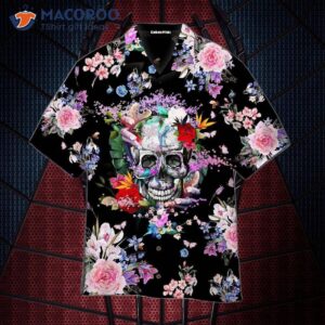 Skull-printed Purple Flowers And Pink Hawaiian Shirts