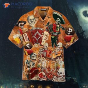 Skull-printed Skeleton-printed Accordion-playing Halloween Orange Hawaiian Shirts