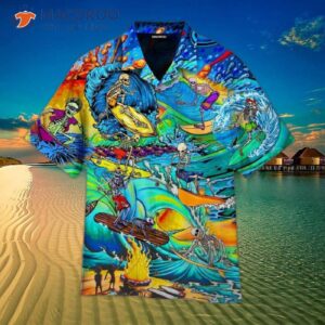 Skull Skeleton Surfing On The Beach Halloween Hawaiian Shirts