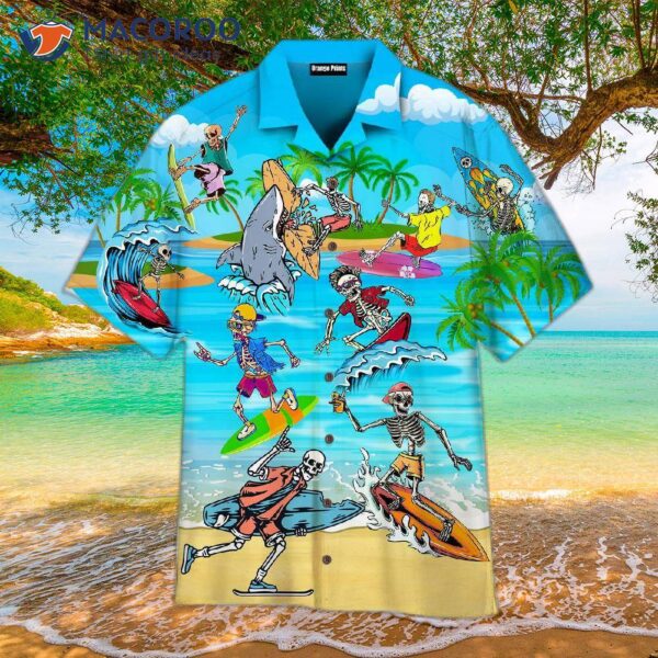 Skull Surfing In Summer Hawaiian Shirts