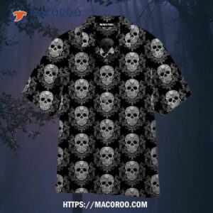 Skull Tattoo Pattern Black Hawaiian Shirts, Halloween Gifts For Boyfriend