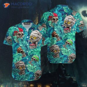 skull tropical blue leaf hawaiian shirts 0