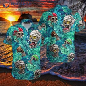 Skull Tropical Blue Leaf Hawaiian Shirts