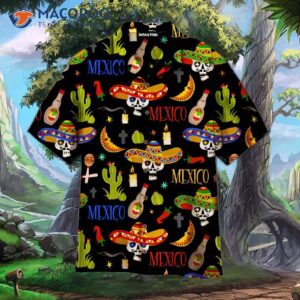 Skulls, Cactus, Mexican Symbols, Cinco De Mayo Pattern, And Black Hawaiian Shirts