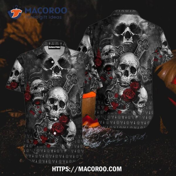 Skulls On The Roses Day Of Death Hawaiian Shirts, Halloween Party Favors For Adults