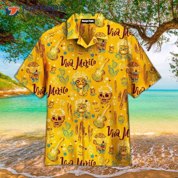 Skulls Vihuela Viva Mexican Party Pattern Yellow Hawaiian Shirts