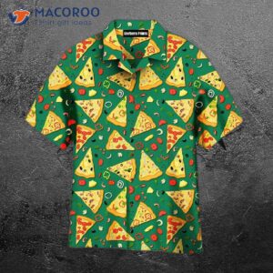 Slice Pizza On Green Hawaiian Patterned Shirts.