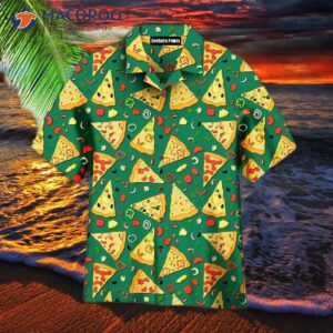 slice pizza on green hawaiian patterned shirts 1