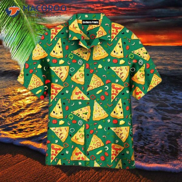 Slice Pizza On Green Hawaiian Patterned Shirts.