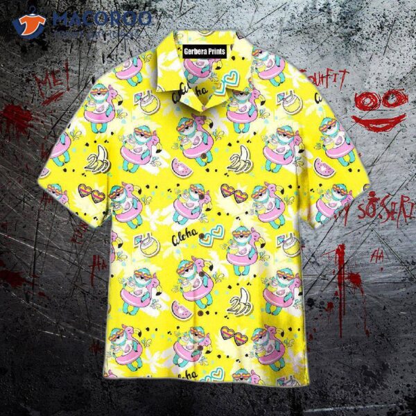 Sloth With Flamingo Circle On A Yellow Beach Hawaiian Shirt