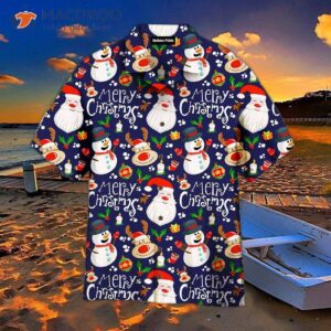 Snowman And Deer Patterned Blue White Hawaiian Shirts