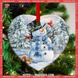 Snowman Play With Birds Heart Ceramic Ornament, Unique Snowman Ornaments