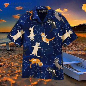 space cat patterned blue hawaiian shirts 1