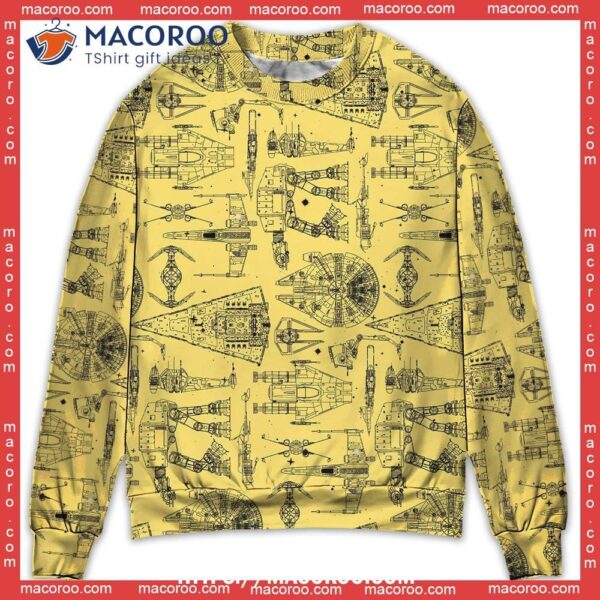 Space Ships Star Wars Yellow Sweater, Ugly Christmas Sweater Womens Funny