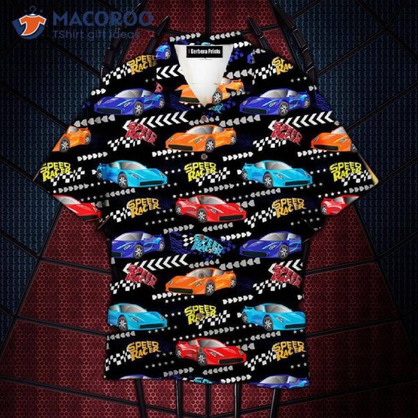 Speed Racer Car On Grunge-cracked Shape Black Hawaiian Shirts