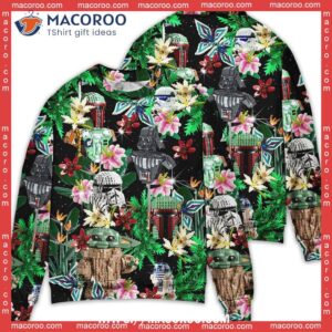 star wars lego baby yoda boba fett darth vader and stormtroopers tropical sweater disney ugly christmas sweater 1