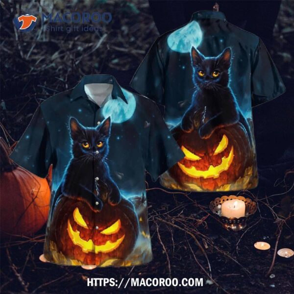 Starry Night Fullmoon Black Cat Spooky Pumpkin Halloween Hawaiian Shirts, Cute Halloween Gifts