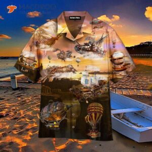 steampunk airship hot air balloon in the sky with hawaiian shirts 0