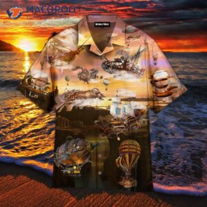 Steampunk Airship Hot Air Balloon In The Sky With Hawaiian Shirts