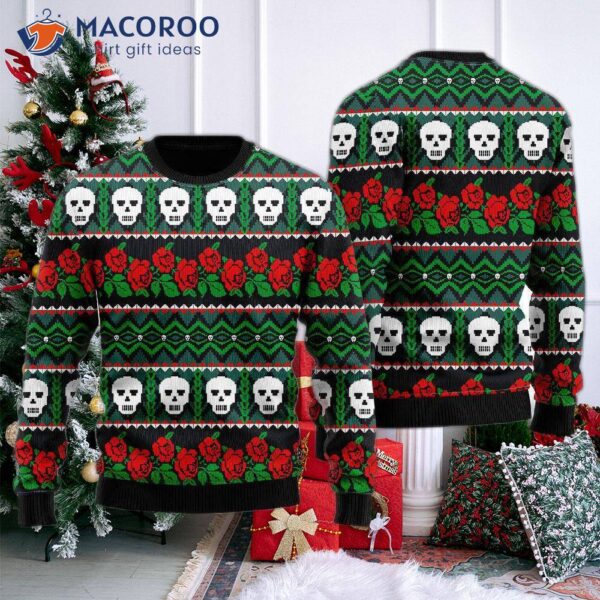 Stitched Style Mexican Skull Roses Pattern Ugly Christmas Sweater