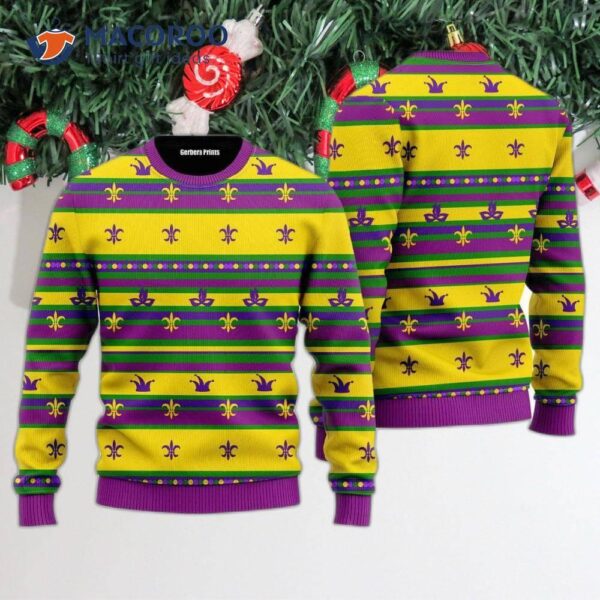 Striped Mardi Gras-patterned Ugly Christmas Sweater
