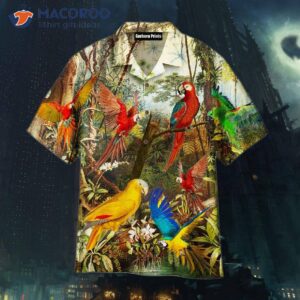 Summer Tropical Colorful Parrots In A Forest Of Hawaiian Shirts