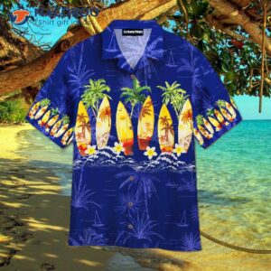 Surfboard-printed Blue Hawaiian Shirts With Coconut Palm Tree Patterns
