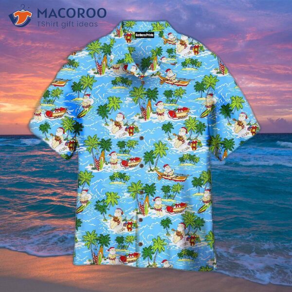 Surfing Santa Claus Christmas In July Blue Hawaiian Shirts