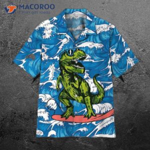 t rex surfing hawaiian shirts 0