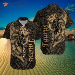 Taurus Horoscope Zodiac Symbol Mix Polynesian Tattoo Black Hawaiian Shirts