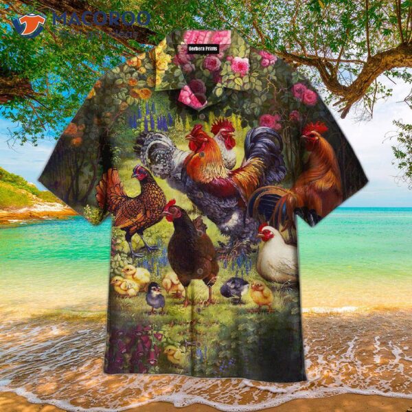 The Chicken Family In Garden Wearing Hawaiian Shirts