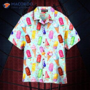 The Color Of Ice Cream Cone Pattern Is Blue And Hawaiian Shirts Are Colorful.