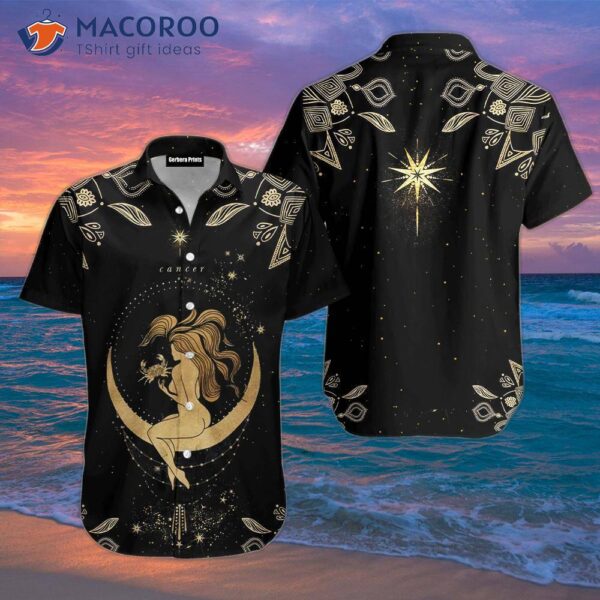 The Girl And Moon Have Cancer Horoscopes With Golden Zodiacs On Black Yellow Hawaiian Shirts.
