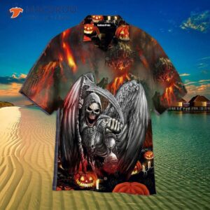 The Grim Reaper Watcher Of Time Fire Pumpkin Pattern Halloween Hawaiian Shirt