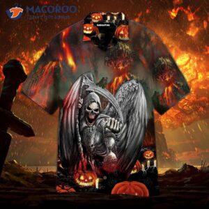 The Grim Reaper Watcher Of Time Fire Pumpkin Pattern Halloween Hawaiian Shirt