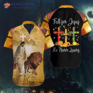 the lion fell for jesus he never leaves yellow and black hawaiian shirts 0