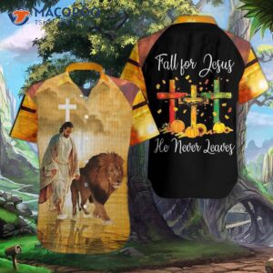 the lion fell for jesus he never leaves yellow and black hawaiian shirts 1