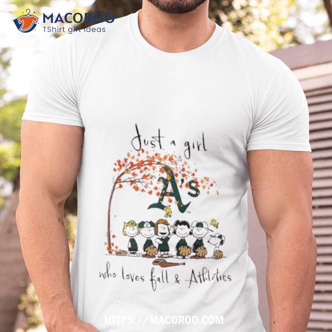 The Peanuts Just A Girl Who Loves Fall Oakland Athletics Shirt The Peanuts Just A Girl Who Loves Fall Oakland Athletics Shirt