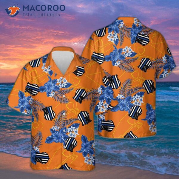 The Thin Blue Line Police Seamless Pattern Orange Hawaiian Shirts