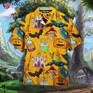 the witch s castle bat pumpkin hat yellow halloween hawaiian shirt 0