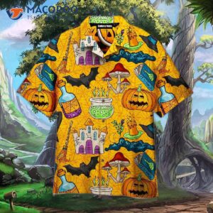 the witch s castle bat pumpkin hat yellow halloween hawaiian shirt 1