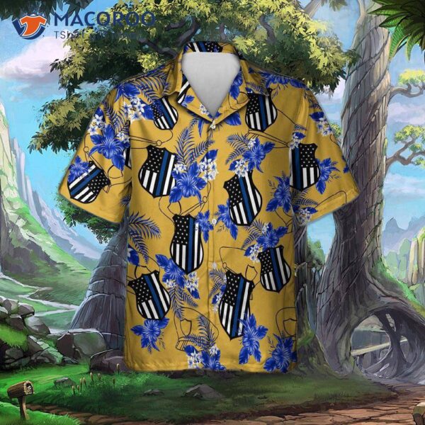 “thin Blue Line Hawaii Shirt: Police Seamless Pattern Yellow Hawaiian Shirts”