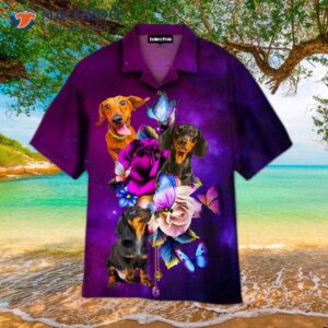 Three Dachshunds In Purple Hawaiian Shirts With Flowers.