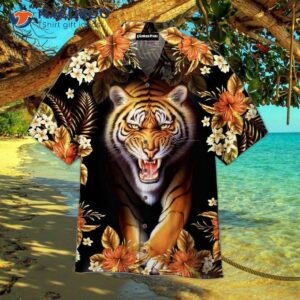 Tiger-orange-flowered Hawaiian Shirt