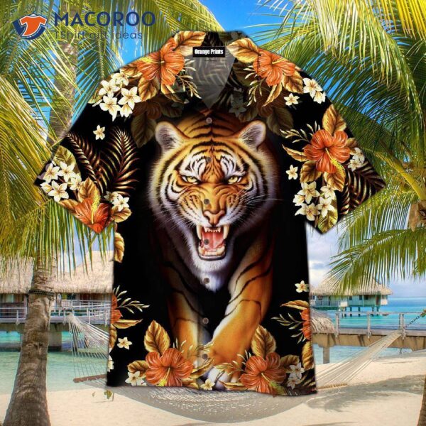 Tiger-orange-flowered Hawaiian Shirt