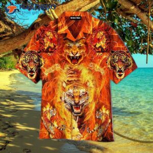 Tiger-print Hawaiian Shirts With A Fire Flame Pattern