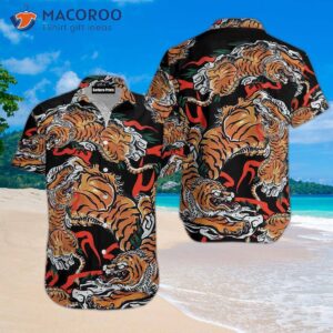 tiger print japanese orange beach and hawaiian shirts 0