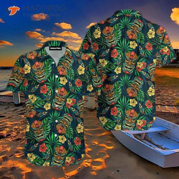 Tiki Green Tropical Hawaiian Flower Shirt