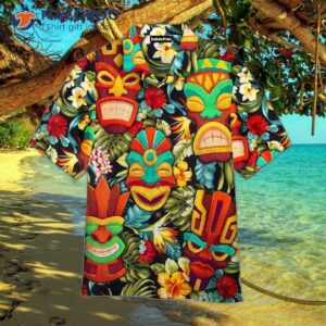 tiki head with colorful tropical leaves and hawaiian shirts 0